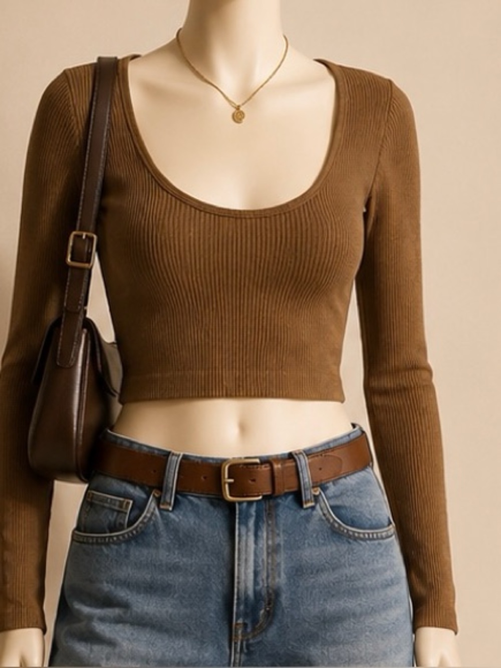Love Poem Kate Ribbed Crop Top Chocolate Long Sleeve Scoop Neck M/L NWT